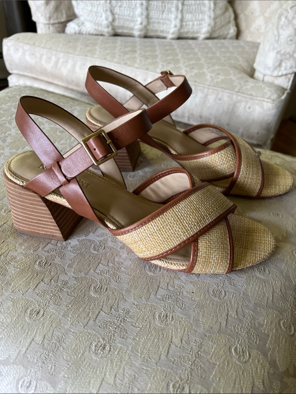 J. McLaughlin Alba Tan Raffia and Brown Leather Block Heel Sandals